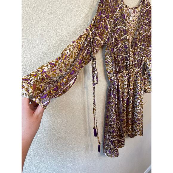 RAGA Bohemian Slit Sleeve Cold Shoulder Gold & Purple Floral Mini Dress Size XS - Picture 13 of 16